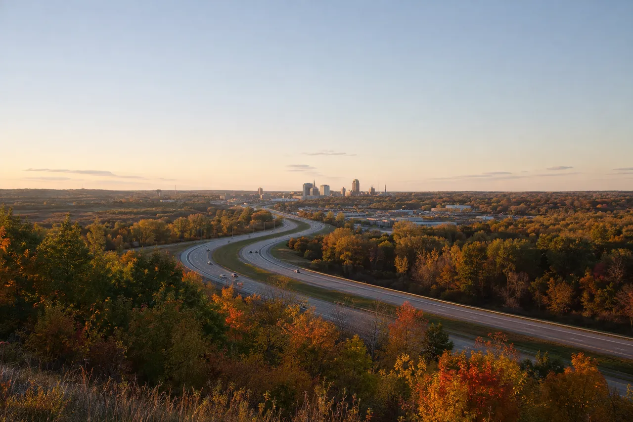 A Michigan freeway curving through autumn woodland toward a small city at golden hour, light traffic and long shadows.